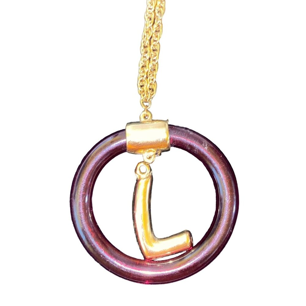 Necklace Circle L Pendant Women Plastic Metal Gold Chain Brown